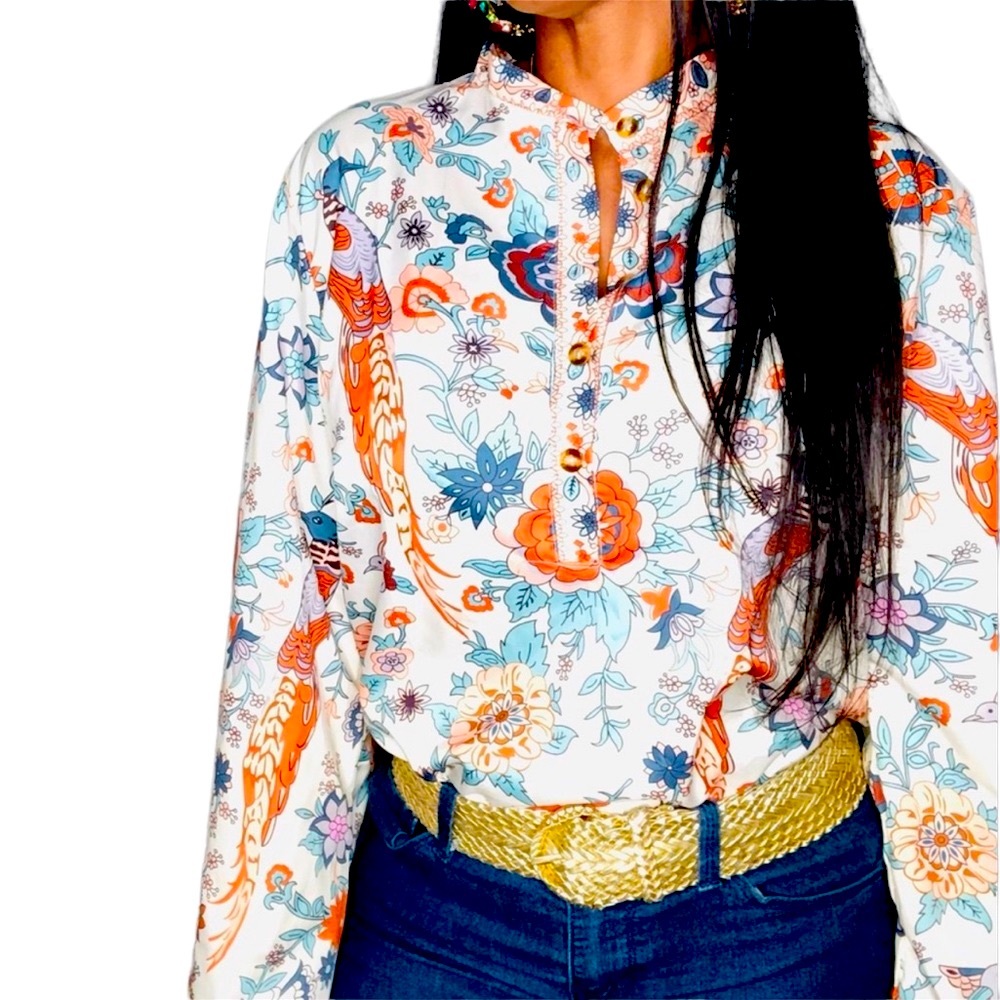 New Peacock Floral Print Long Sleeve Shirts - Picture 9 of 14